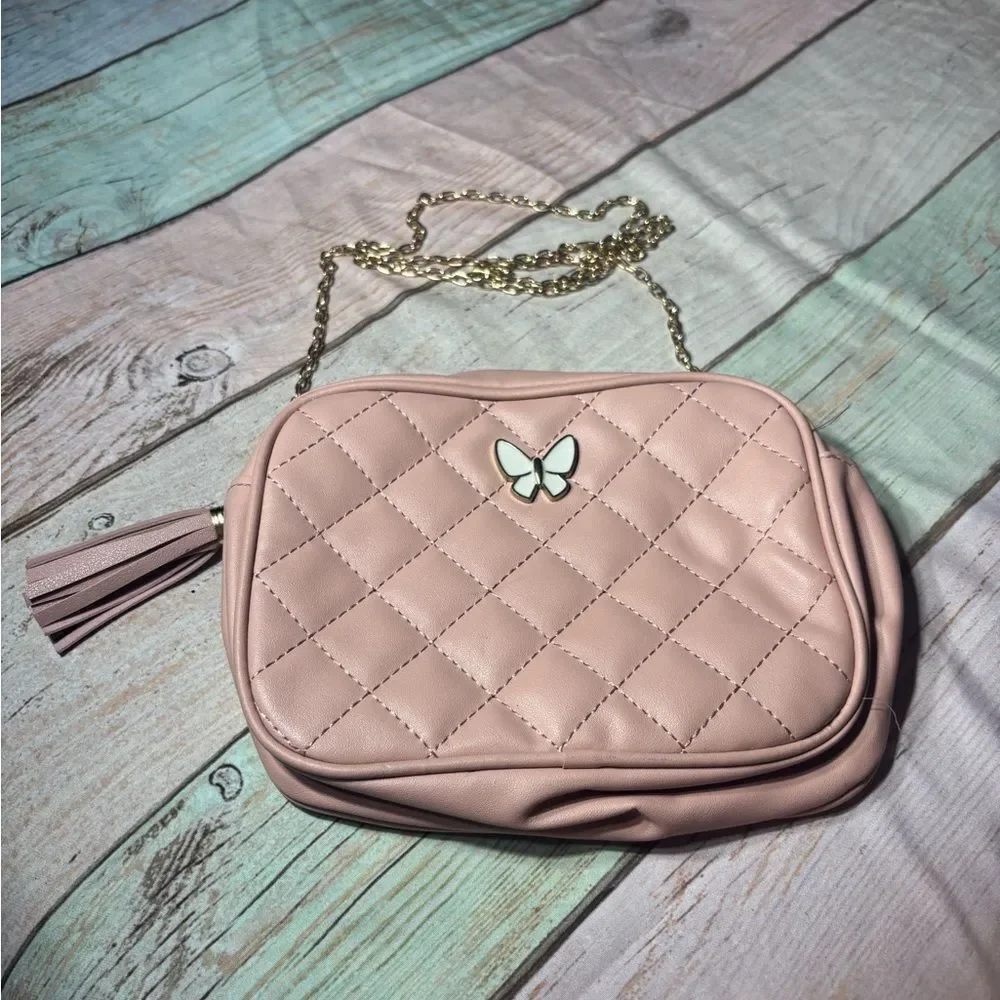 Quilted Pink Crossbody Bag with Butterfly Accent